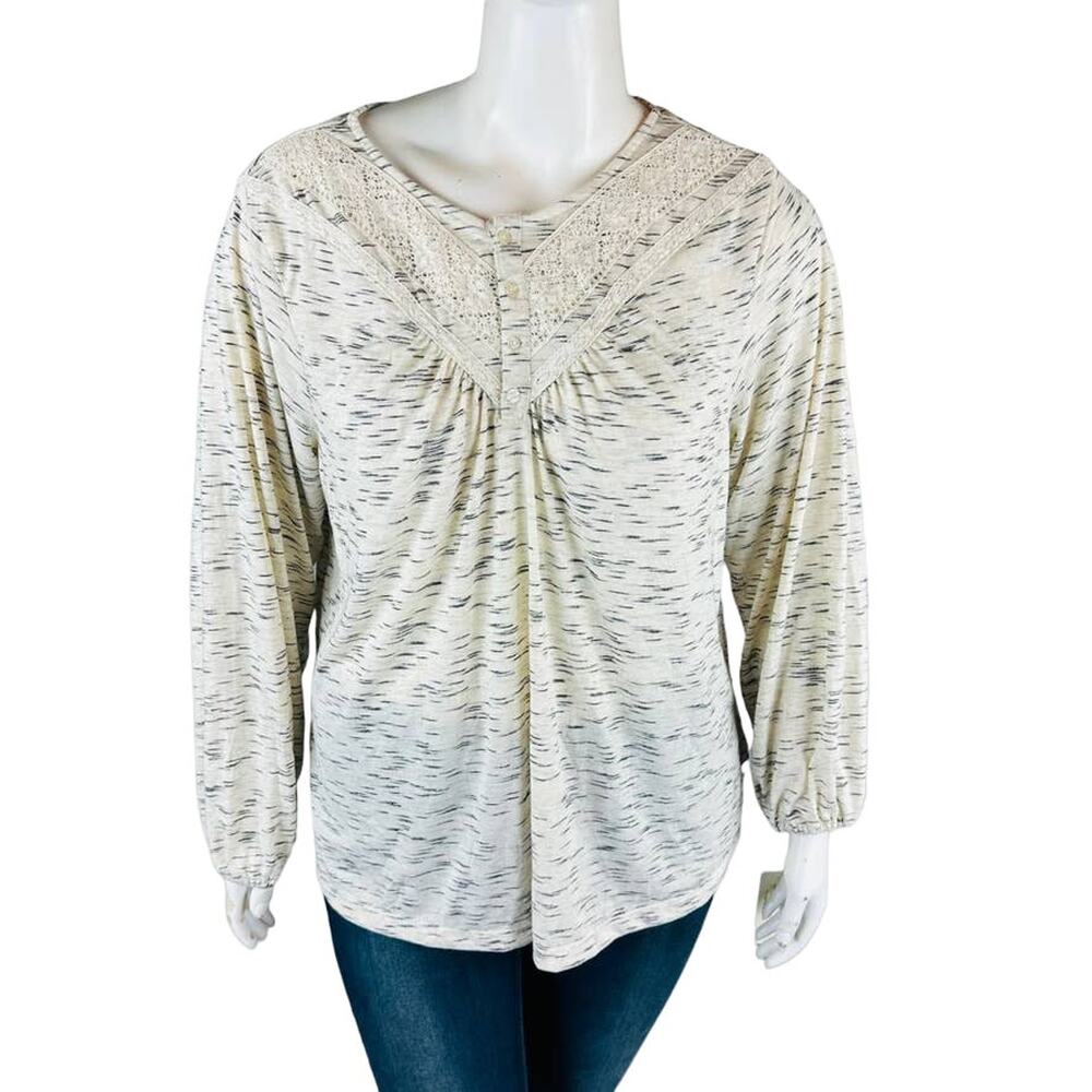 New Zac & Rachel Womans Sz 2X Plus Blouse Ivory Black Lace Long Sleeve Knit NWT‎